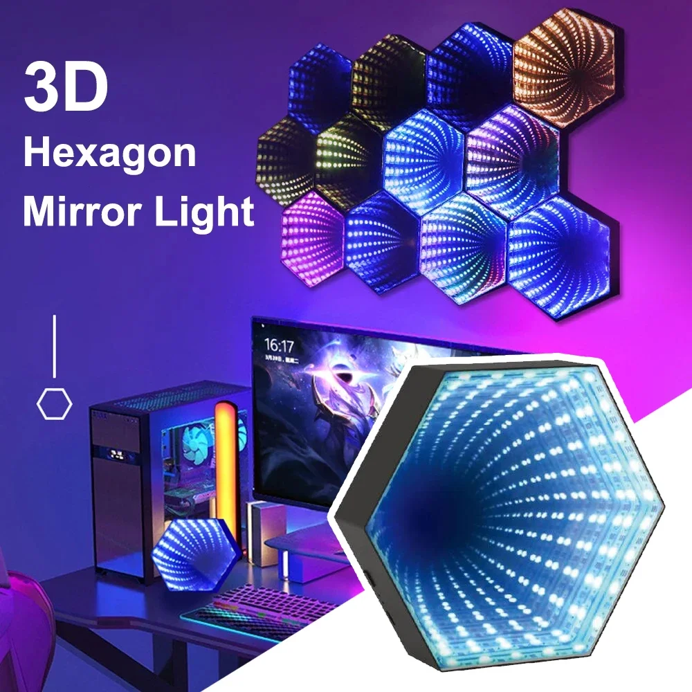 3D Hexagonal Mirror Lamp Computer Desktop Ambient Light RGB Remote Control Music Smart APP Control Night Lights Party Creat Gift