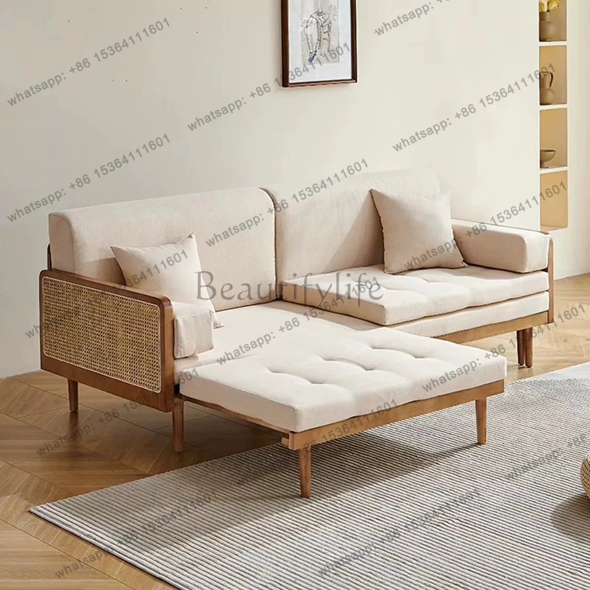 

New Chinese rattan sofa multi-functional telescopic push-pull solid wood princess sofa bed