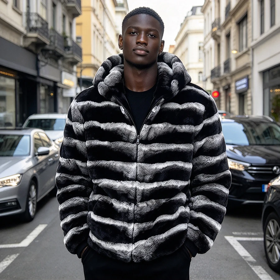 Natural Rex Rabbit Fur Coat With Hood Short Chinchilla Fur Jacket Unisex Real Fur Zippered Bomber Jacket Fashion Genuine Fur Coa