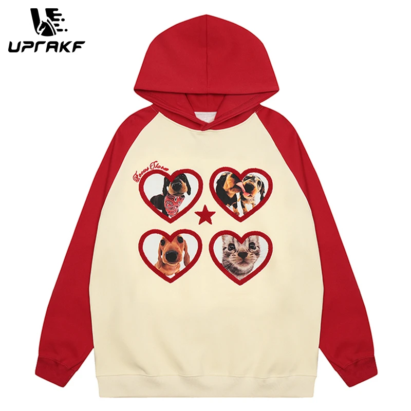 UPRAKF Streetwear Hooded Sweatshirt Star Heart Embroidery Cute Dog Cat Graphic Printing Patchwork Fashion Pullovers Cotton
