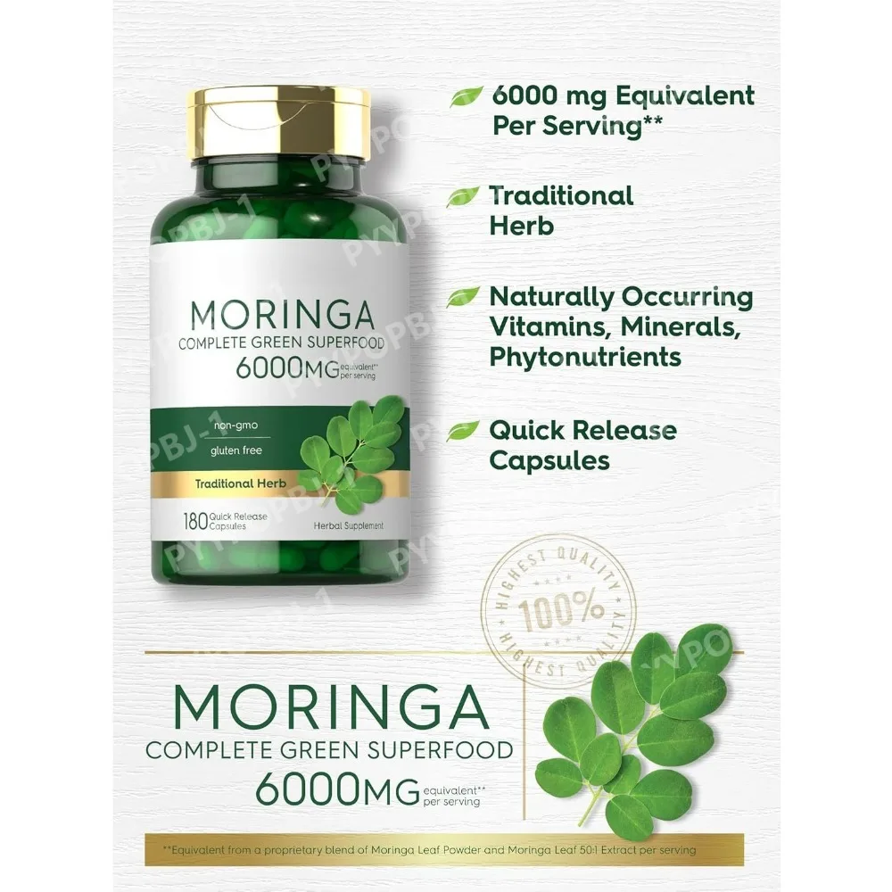

Moringa Oleifera 6000mg 180 Capsules Complete Green Superfood Non GMO Gluten Free Quick Release Herbal Supplement Energy Booster