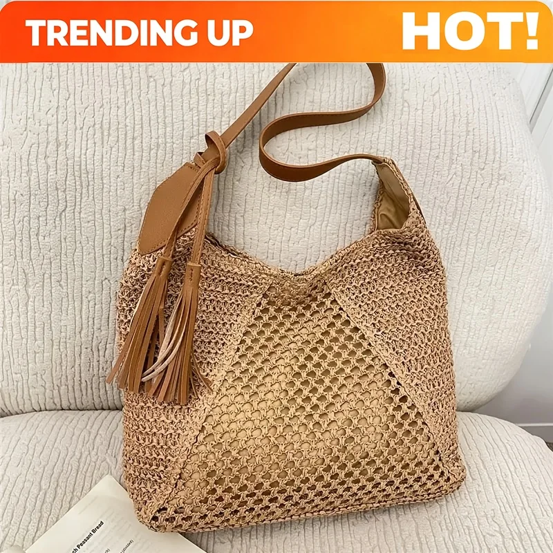Fashion Hollow-Out Design Triangle Pattern Straw Large-Capacity Single-Shoulder Bag, Simple and High-End Seaside Beach Bag with