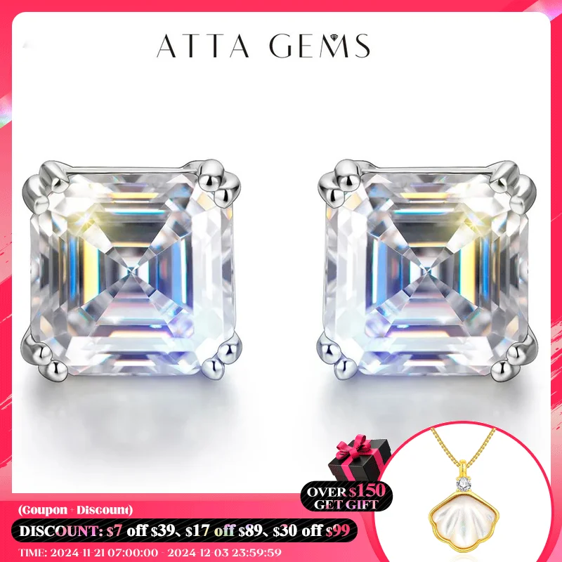 ATTAGEMS Total 0.8ct 6.0mm Moissanite D Color VVS1 Asscher Cut 18K White Gold Plated Earrings Jewelry Woman Girlfriend Gift