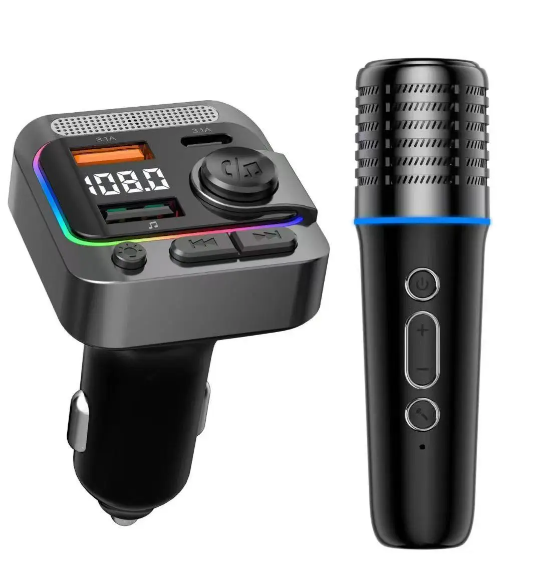 

Автомобильное зарядное устройство Bluetooth 5.3 с FM-трансмиттером, Type-C, двумя USB-портами, MP3-плеером, адаптером Handsfree и микрофонами для караоке в машине