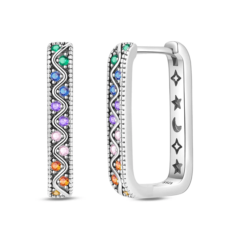 

925 Sterling Silver Earrings Rainbow Zirconium Square Hoop Earrings For Women Anniversary Wedding Jewelry Gifts
