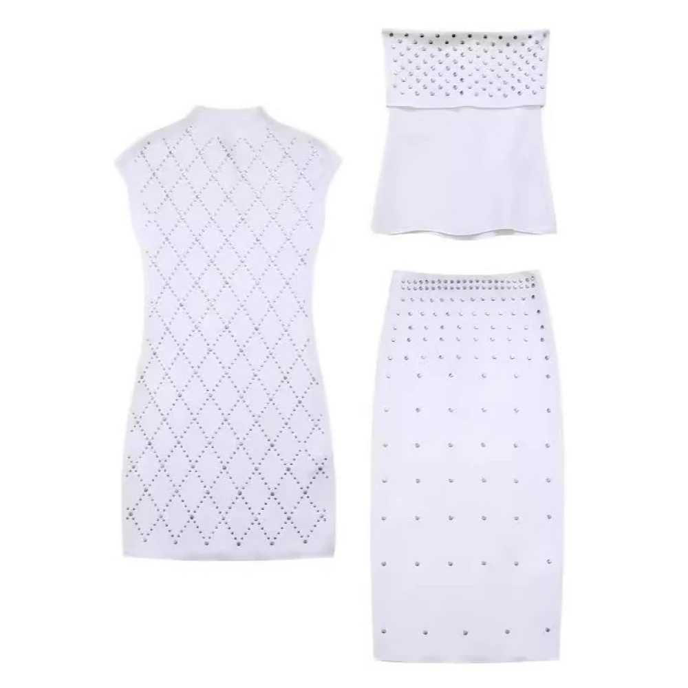 

Women Rivet Embellished Suit Set Geometric Pattern Elastic Knitted Top Versatile Skirt Sexy Hip Wrap Skirt Set for Streetwear