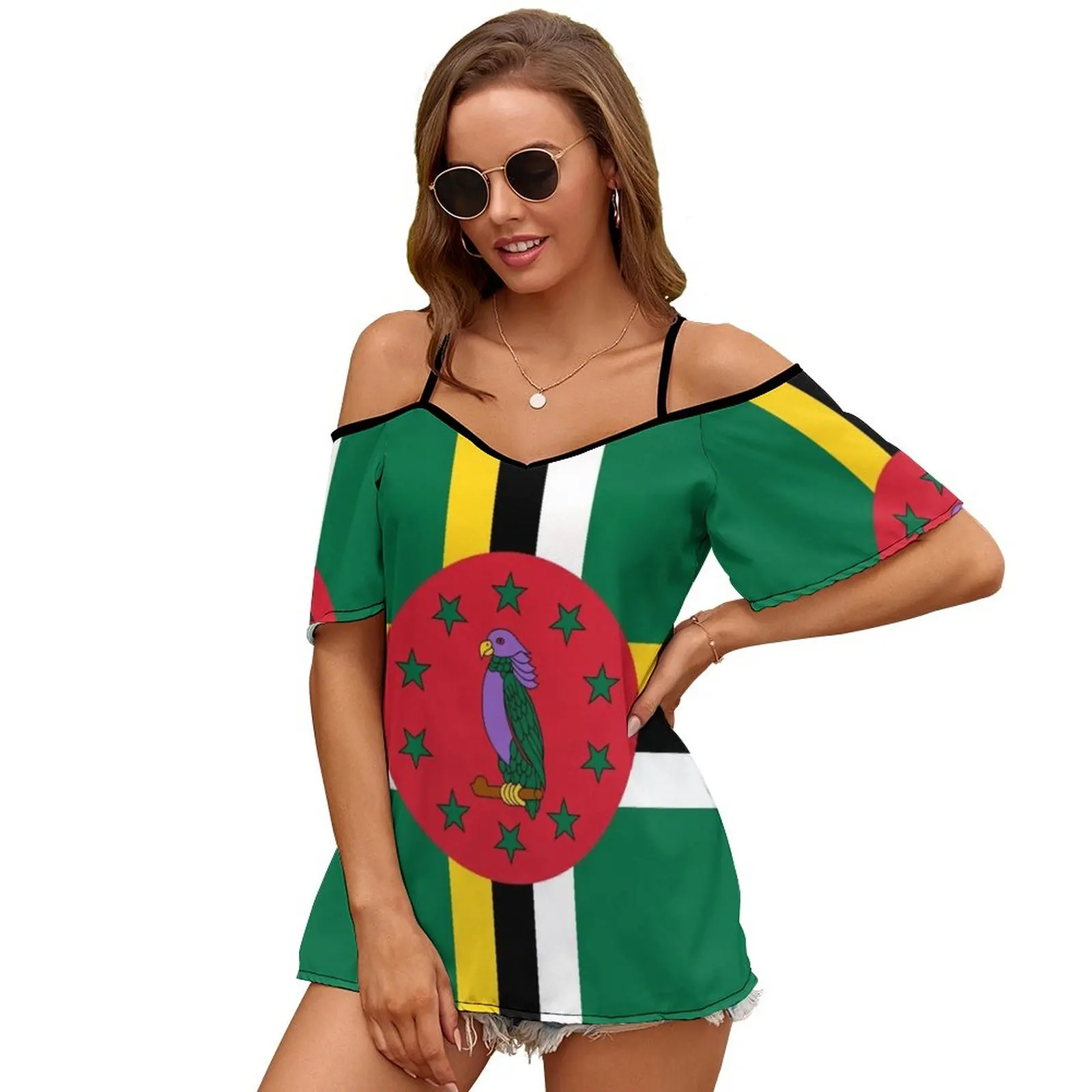 Flag Of Dominica New Fashion Zip Off Shoulder Top Short-Sleeve Women Shirt Flag Of Dominica Dominica