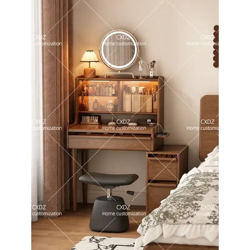 Solid Wood Makeup Table with Cabinet Bedroom Light Luxury Integrated Dresser Walnut Color Multi Functional Vanity Desk