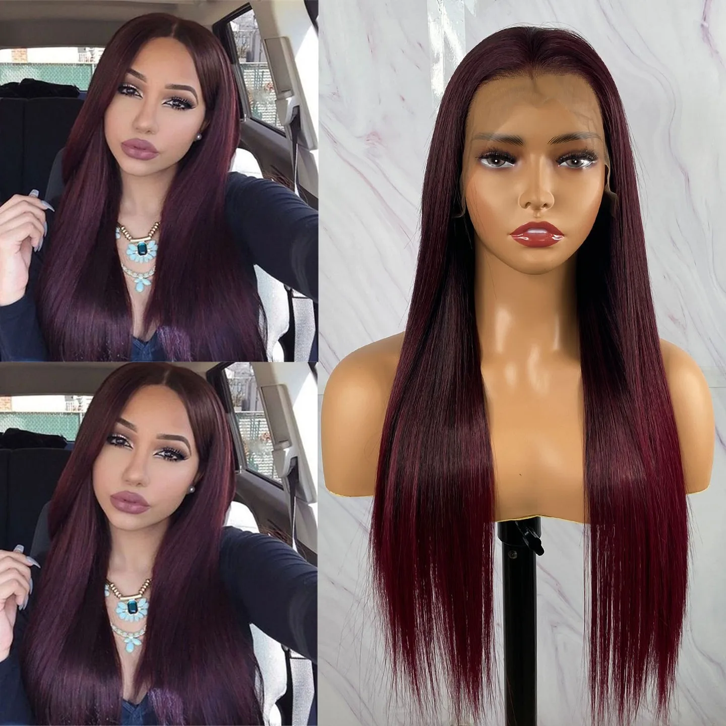 99J Silky Straight Burgundy Natural Synthetic Hair Wigs for Women Glueless Dark Wine Red Smooth 13x4 Transparent Lace Front Wigs