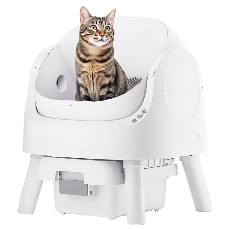 Open Intelligent Automatic Self-Cleaning Cat Litter Box with Elevated Frame Pull-Out Waste Drawer Anti-Pinch and Odor Control