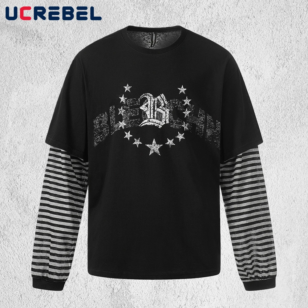 Spliced Striped Fake two-piece T-shirt Mens Letter Print Spring Y2k High Street Long Sleeve Loose Crew Neck Tshirt Man Tee