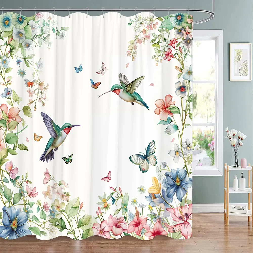 Beautiful Floral and Butterfly Print Shower Curtain Natural Botanical Floral Home Art Shower Curtains Bathroom Decor With Hooks