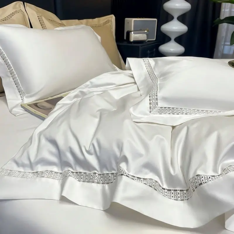 4Pcs Luxury 1000TC Egyptian Cotton White Hotel Style Bedding Set Hollow Wide Edge Duvet Cover Bed Sheet Fitted Sheet Pillowcases