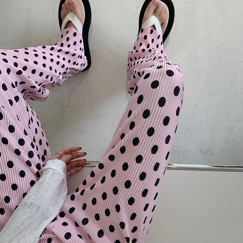 Calças Largas Finas de Verão para Mulheres, Cintura Alta, Estilo Solto com Estampa de Poá, Crimento até o Chão, Textura co...