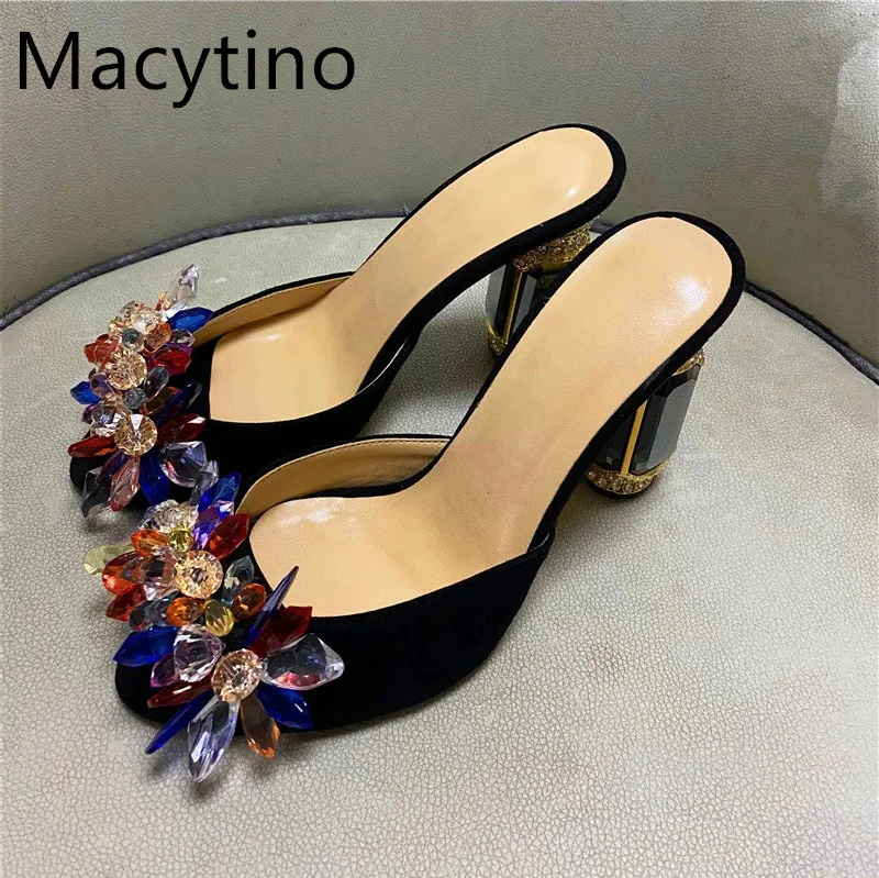 

Gem Flower Ladies High Heel Slippers Round Toe Chunky Heel Diamond Heel High Heel Slippers Fashion Party Slippers