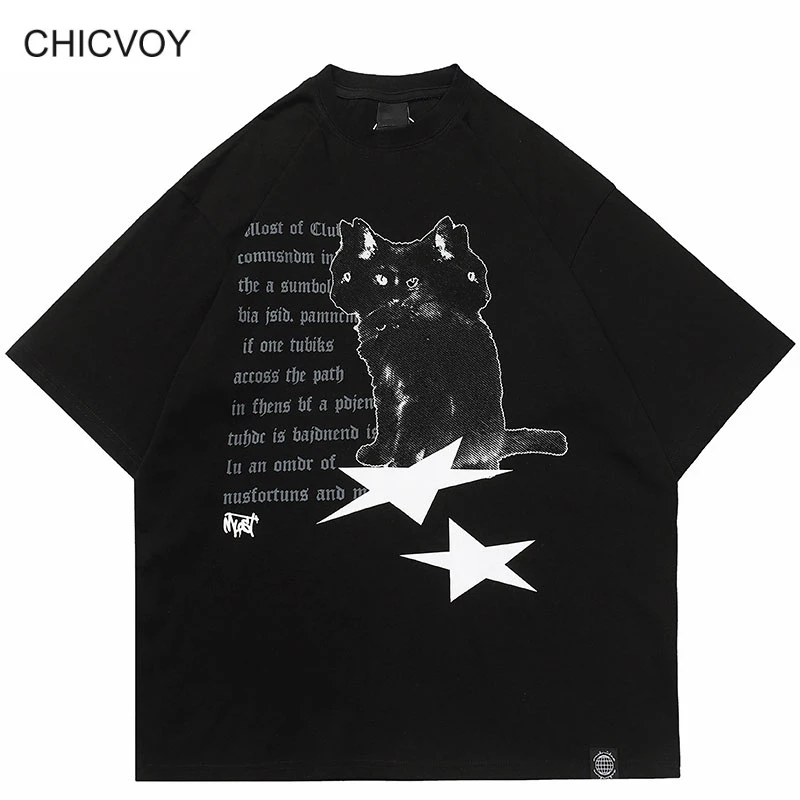 CHICVOY Hip Hop Men T Shirt Streetwear Y2K Women Cats Star Graphic Print Tshirt Harajuku Punk Gothic Cotton Loose Tee Tops Tee