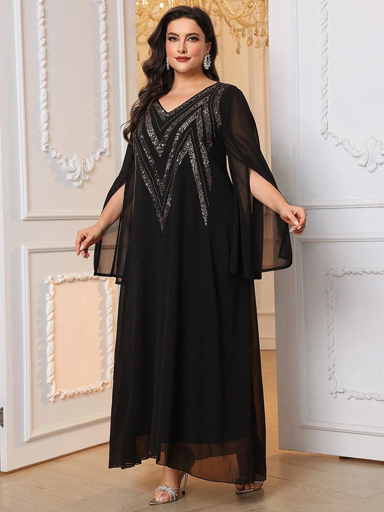 TOLEEN Plus Size Schwarz Pailletten Elegantes Maxi Abaya Kleid Für Frauen 2024 Neue Luxus Elegante Arabische Formale Party Abendkleider