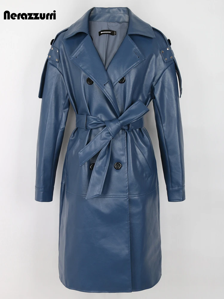 Nerazzurri Spring Autumn Long Blue Pu Leather Trench Coat for Women with Back Slit Sashes Double Breasted Luxury Raincoat 2024