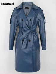 Nerazzurri Spring Autumn Long Blue Pu Leather Trench Coat for Women with Back Slit Sashes Double Breasted Luxury Raincoat 2024