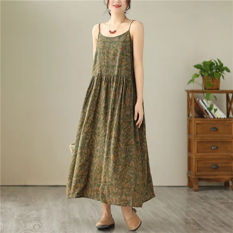 Summer Cotton Sleeveless Spaghetti Strap Print Vintage Long Dresses For Women 2023 New Casual Beach Dress Femme Elegant Clothing