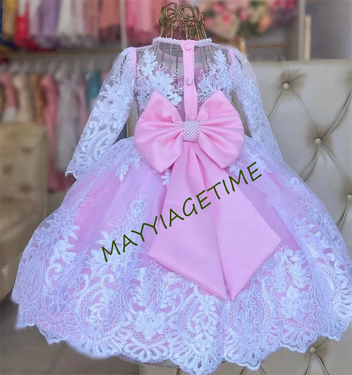 

Puffy Flower Girl Dresses For Wedding Kids 3d Floral Appliques Princess Sheer Neck Birthday Party Ball Gown First Communion Wea