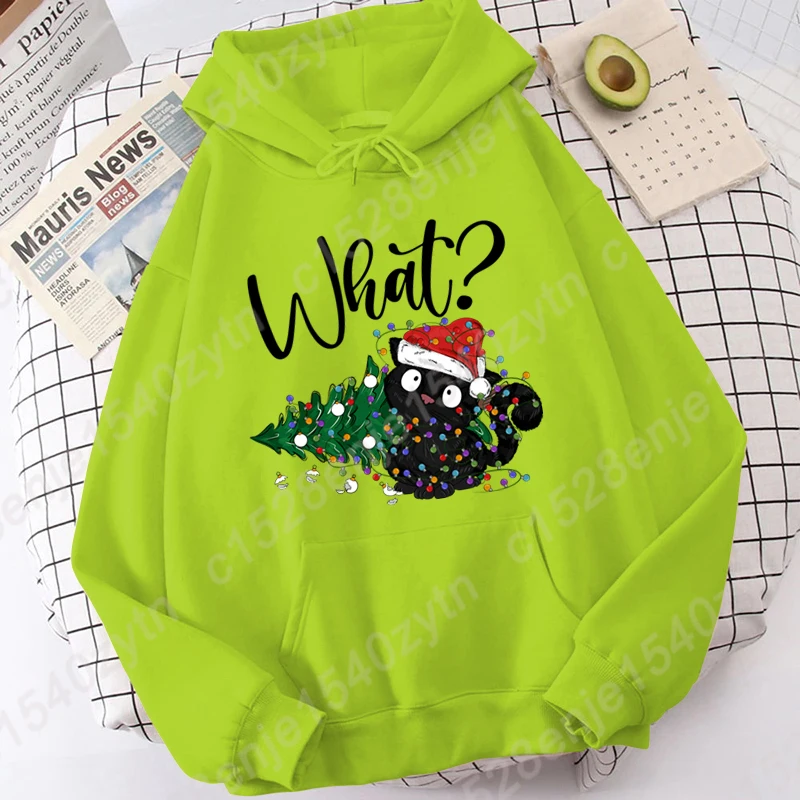 

New Women's Hot Selling Loose Hoodie Christmas Light Black Cat What Print Hoodie Fashion Pullover Cool Ladies Casual Hoodie Tops