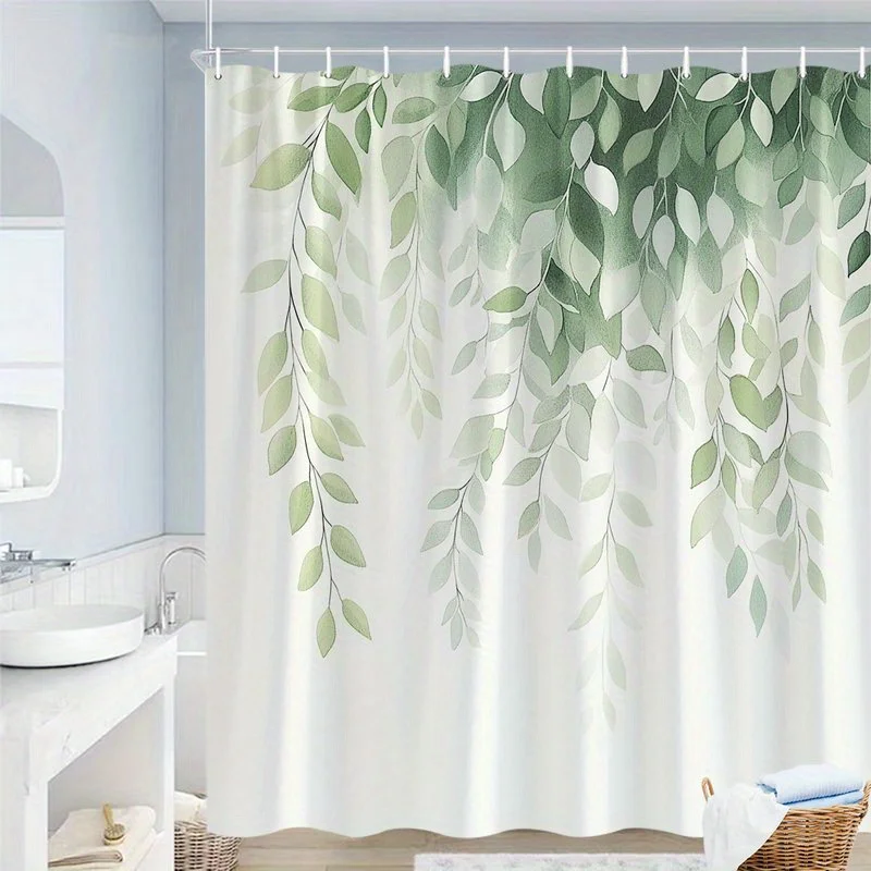 1pc Botanical Shower Curtain - Semi-Sheer Bathroom Window Curtain with Hooks, Light to Dark Green Leaf Gradient on Pale Cream Ba