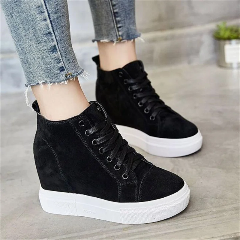 8cm Genuine Leather Suede Platform Wedge Women Fashion Chunky Sneakers Spring Autumn Casual Hidden Vulcanized shoes 34 39