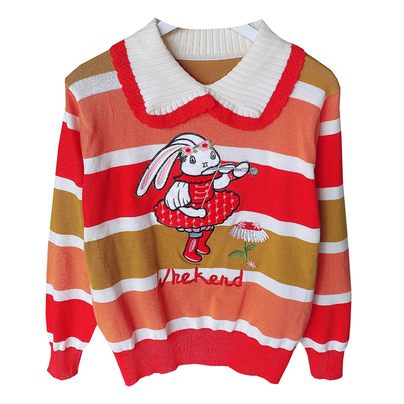 Bunny Embroidered Stylish Sweatr Women Striped Knitted Pullover Jumpers Long Sleeve Contrast Color Fashion Chic Vintage Knitwear