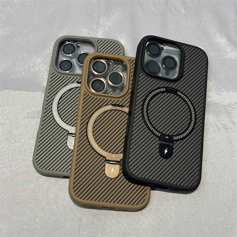 Invisible Stand Carbon Fibre MagSafe Phone Case for iPhone 16 Pro 15pro max 14 13 12 11 Lens Film Wireless Charging Back Cover