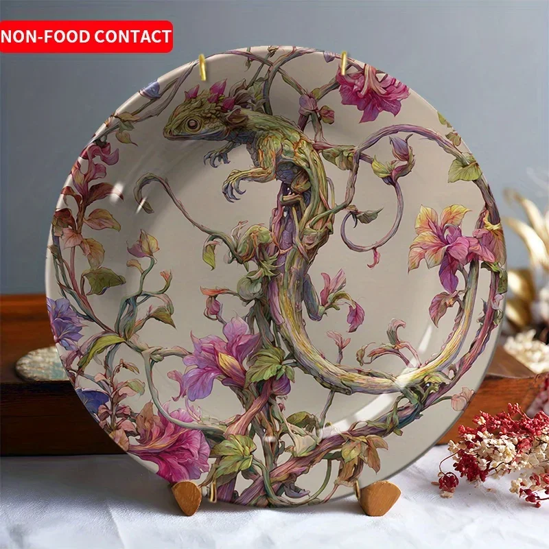 1pc Lizard Floral Ceramic Decorative Plate - Hand-Painted Animal Design, Non-Food Contact Art Piece for Home, Living Room,