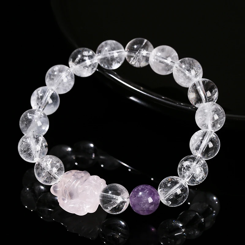 JD Natural Stone Rock Quartz Bead Bracelets Women Sweet Pink Quartz Carved Nine-Tail Fox Reiki Healing Crystal Bracelet Jewelry