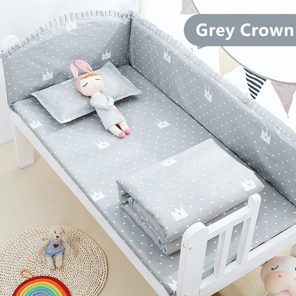 5Pcs Cotton Grey Baby Girl Boy Bedding Set for Children Cradle room decoration (4Bumpers+Sheet)