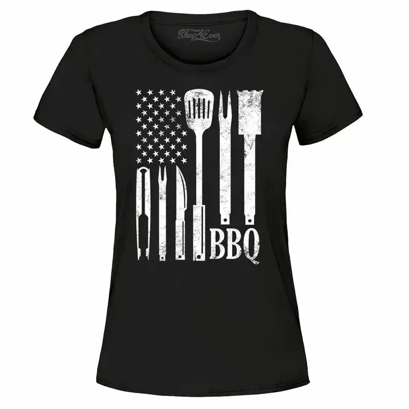 BBQ American Flag Women's T-Shirt Pitmaster Barbecue Lover Griller Cook Shirts