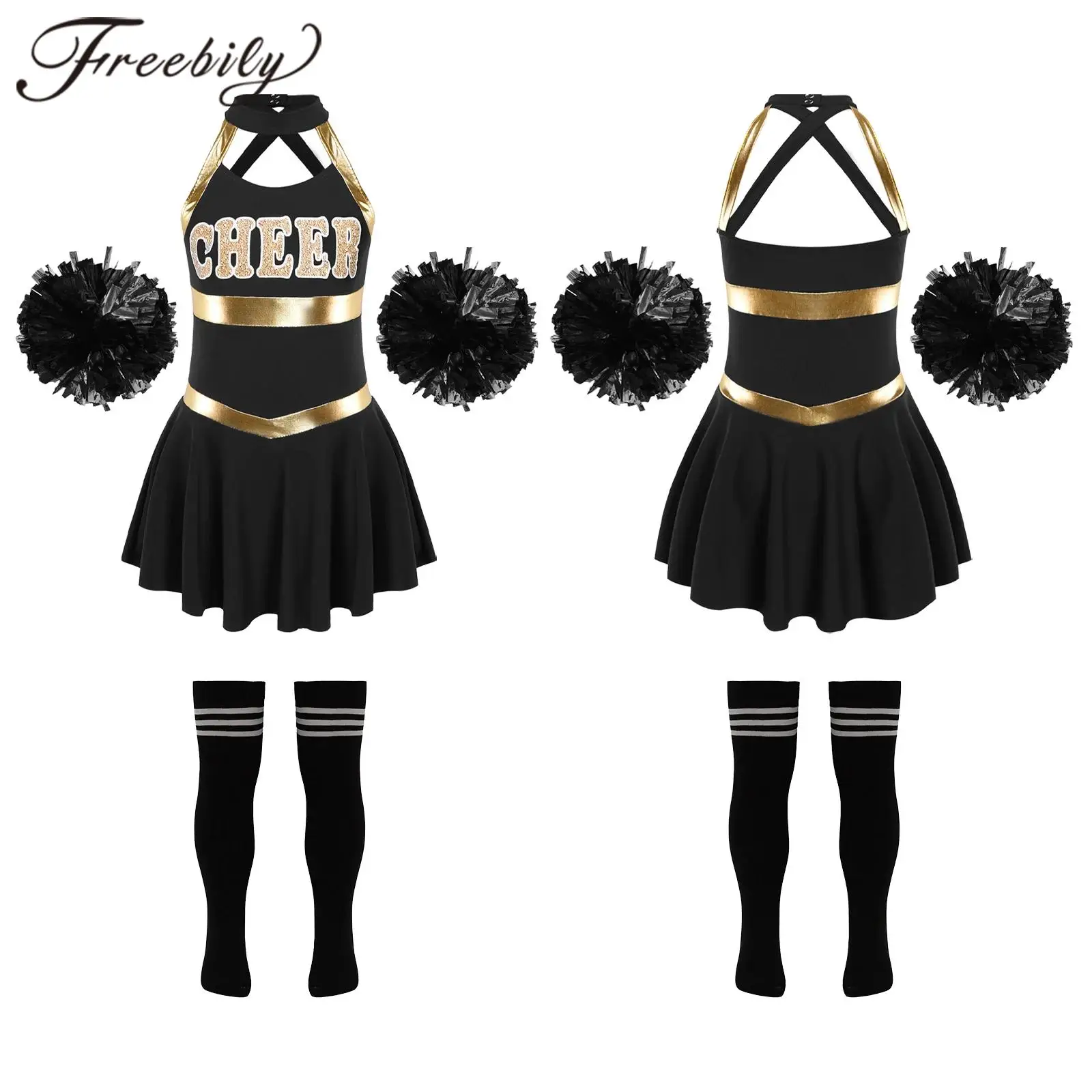 Girls Cheerleading Uniforn Cheer Dance Outfits Kids Letter Print Cheering Team Uniform Dress + Flower Balls Socks Dancing Sets