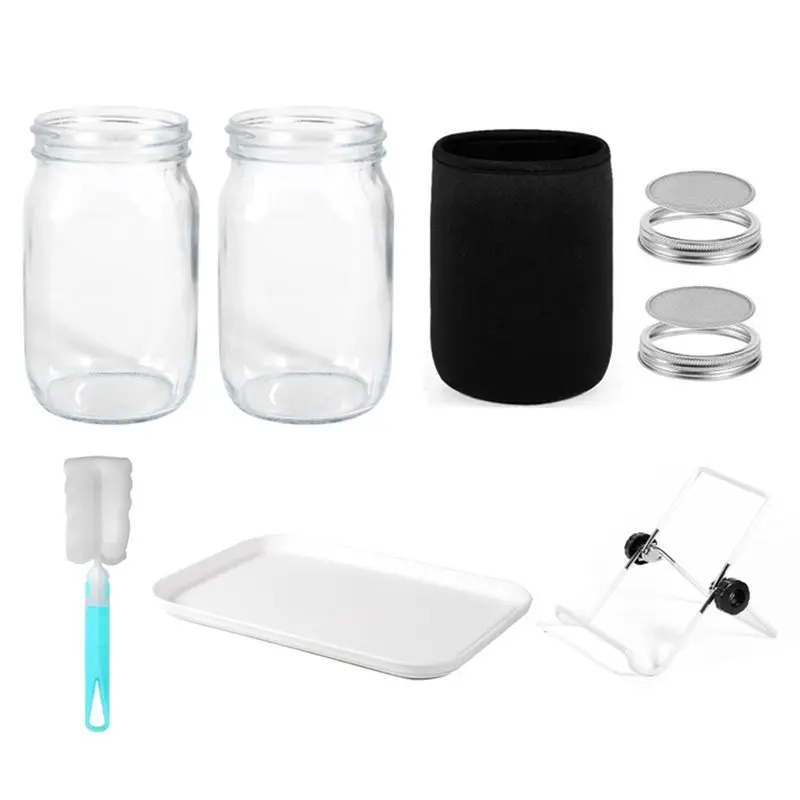 ABUI-1 Set Seed Sprouting Jar Kit With 2 Wide Mouth Jars Bean Sprouts Growing Kit Microgreens Growing Jar With Mesh Screen