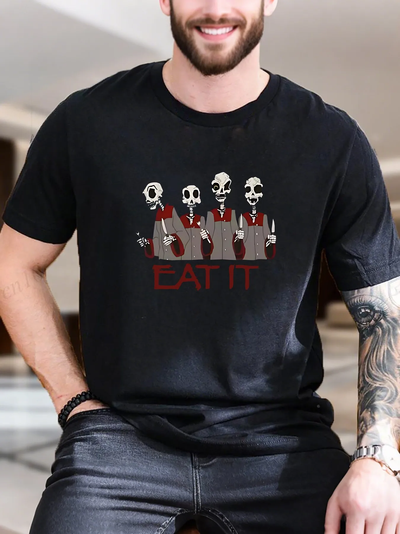 Men's Graphic Print T-Shirt - Stylish Three Skeletons in Red & Grey Suits with Hats Design, 100% Cotton Breathable & Soft, Casual