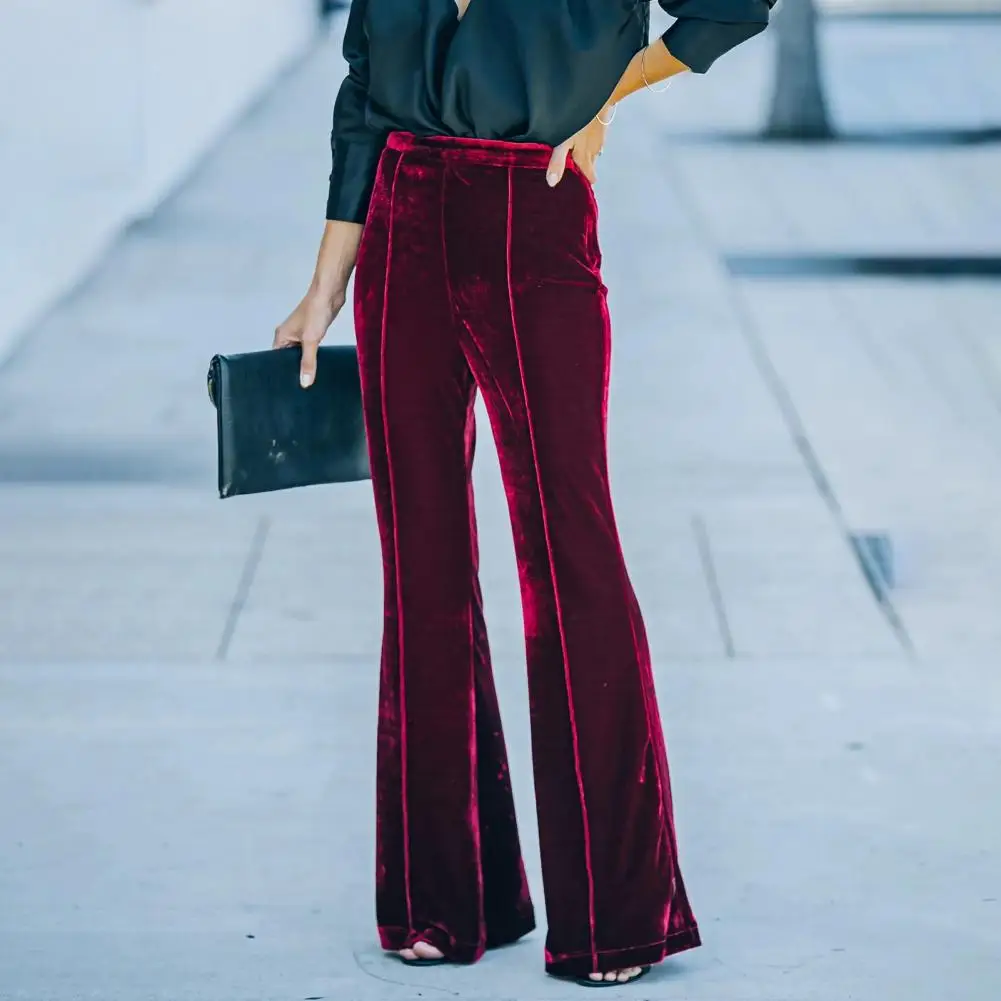 Flared Velvet Pants Elegant Golden Velvet Flared Pants for Women High Waist Wide Leg Urban Style Trousers with Effect Office