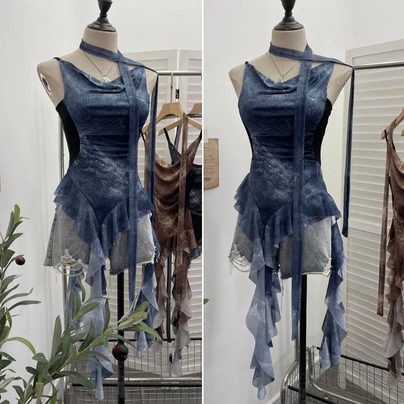 女性ニッチシックな揺れ襟不規則なリボンベストセクシーな背中の開いたスリムフィットホルターネックショートキャミソールトップカジュアルストリート 8017