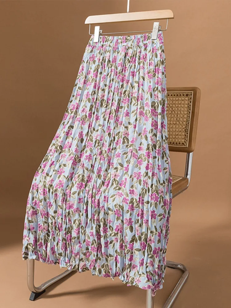الرجعية الأزهار مطوي ألف خط ميدي تنورة المرأة حجم كبير فضفاض عالية الخصر التخسيس ثنى عادية تنورة كاملة تخفيف Sle