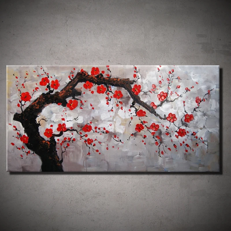 Mintura,Art Hand Painted Oil Painting On Canvas,Tree Branches Red Flowers Modern Abstract Wall Decorative Pictures Frameless Art