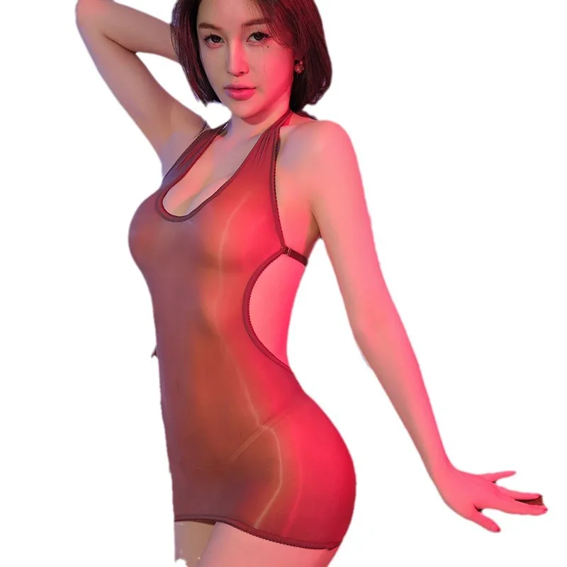 Sexy Cosplay Maid Backless Tight Micro Mini Dress 8D Oil Shiny Dress Sheer See Thorugh Bandage Elastic Dress Candy Color