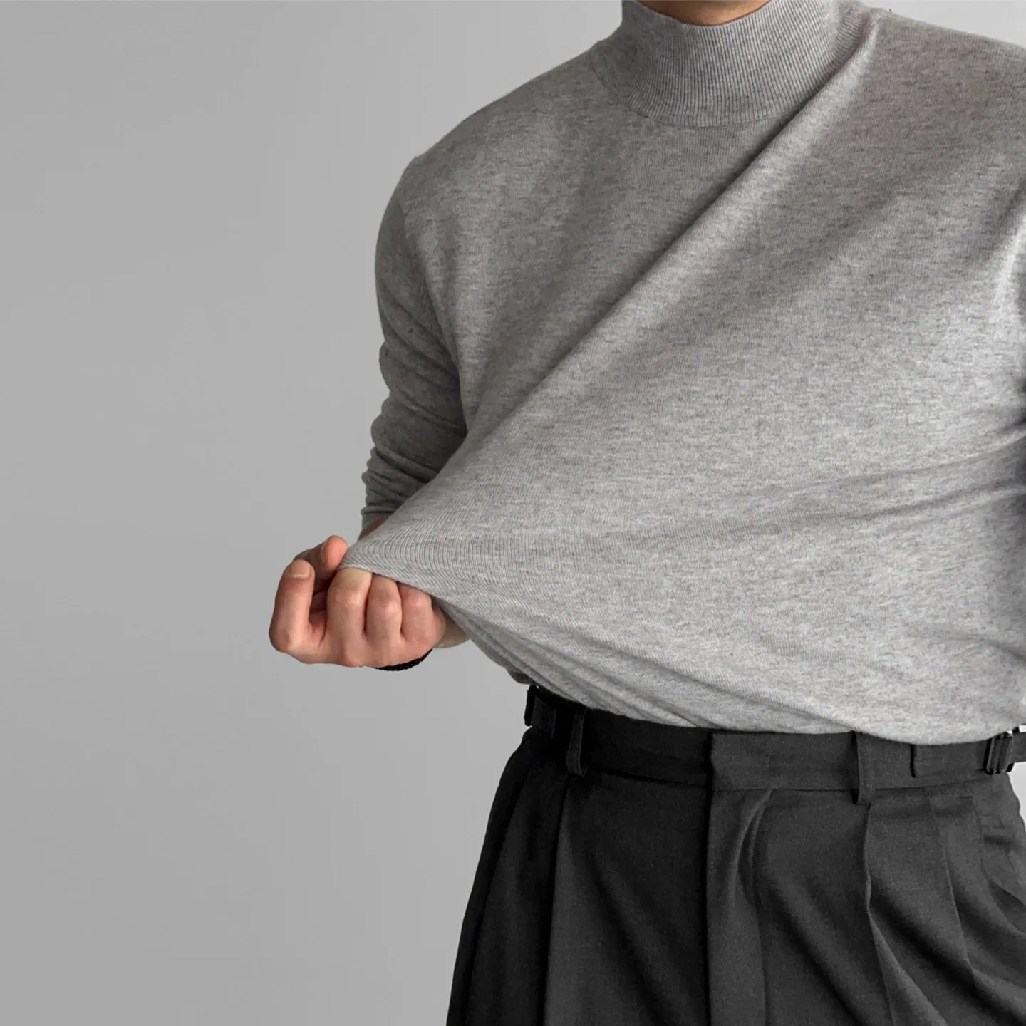Autumn Winter New Fashion Men Grey Black Khaki Solid Color Slim Half High Collar Long Sleeve Slim Knitted Sweater Undershirts