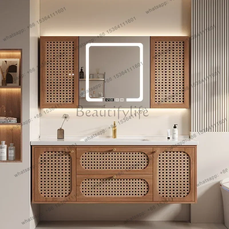 ld Vine Woven Solid Wood Bathroom Cabinets with Ceramic Washbasin Bathroom Vanity Cabinet Sink Muebles De Baño