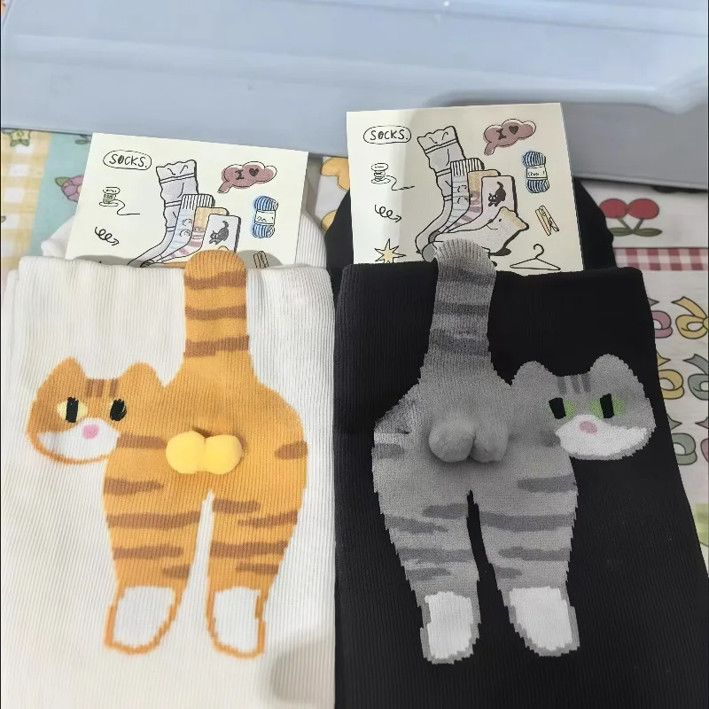 

Носки с рисунком кота из мультфильма и 3d кошачьими яйцами для женщин, дышащие мягкие носки средней длины, подарки для любителей кошек