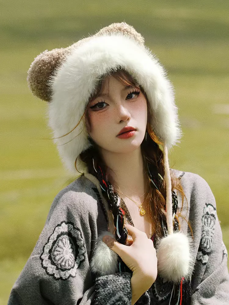 Fur Bear Earscaps Funny Fashion Autumn Winter Leopard Fur bomber Ball Plush Big ear hats Hat Soft Warm Thick Basin Bucket Hats