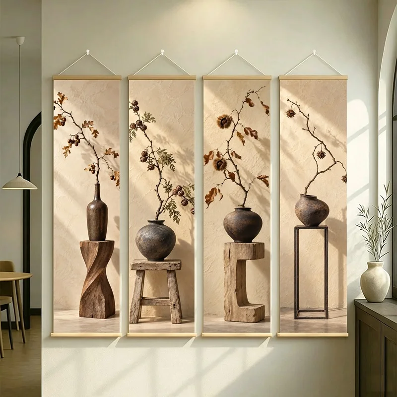 Wall Art Cypress Cone and Sweetgum Pod, Calm Wabi-Sabi Silver Shimmer Canvas Hanging Scroll for Peaceful Meditation Room