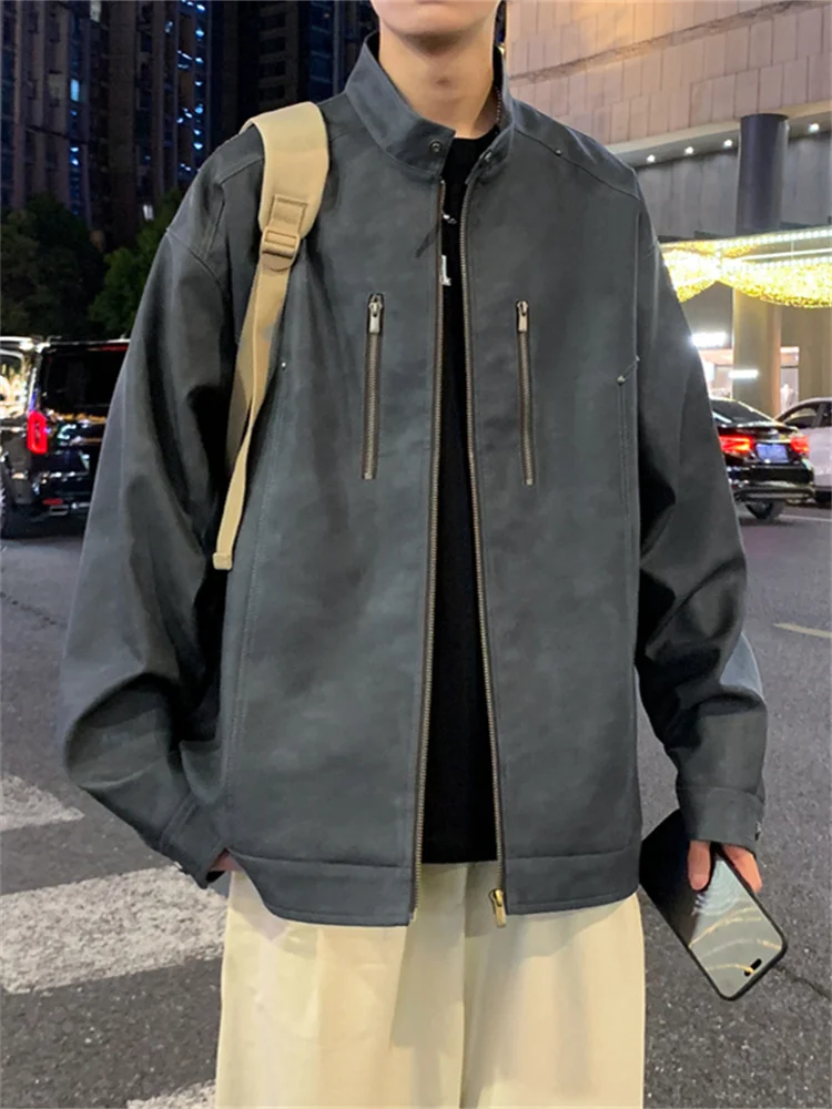 

American Sle Loose Fit Leather Jaet Men's Spring Autumn New Faion Youthful Stand Collar Windproof Cool Zipper Jaet