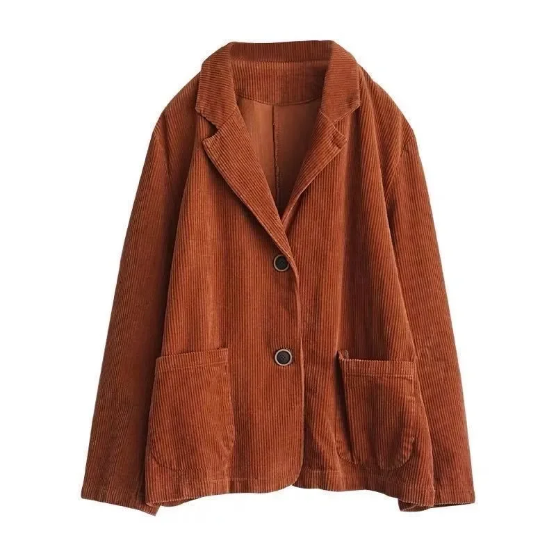 Spring Autumn Jacket 2023 Corduroy Suit Coat Women Collar Solid Button Pure Short Coat New Long-Sleeved Pocket Outerwear Female