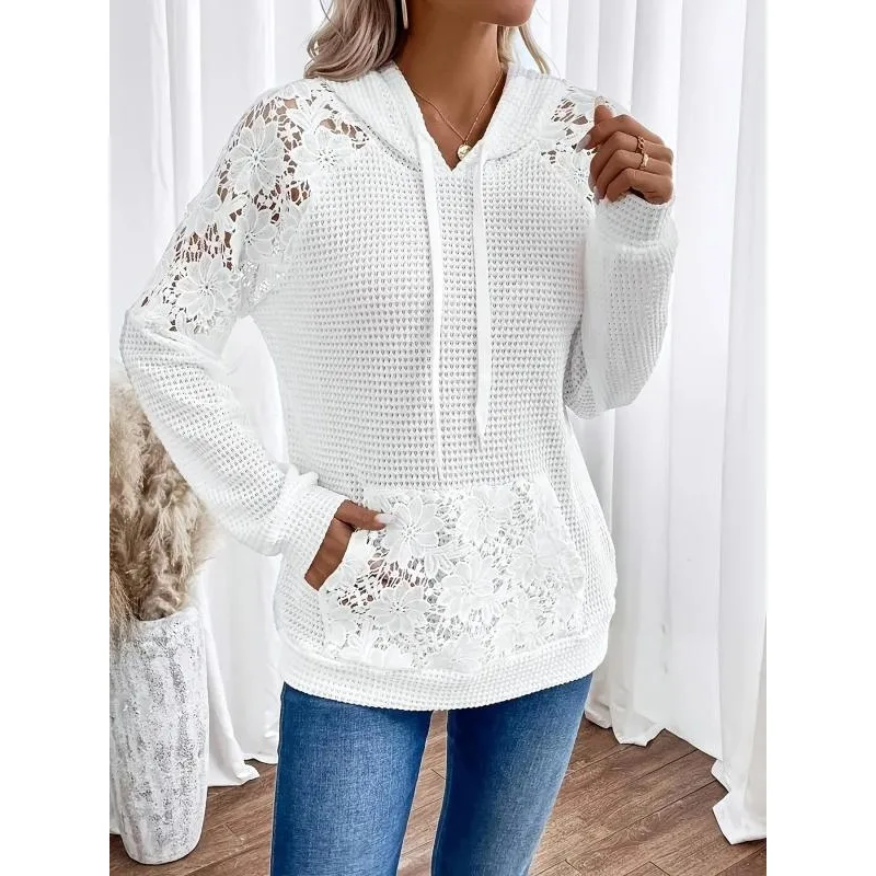 Plus Size Women White Lace Hooded Hoodie Fashion Long Sleeve Hook Flower Hollow Pockets Pullover Tops
